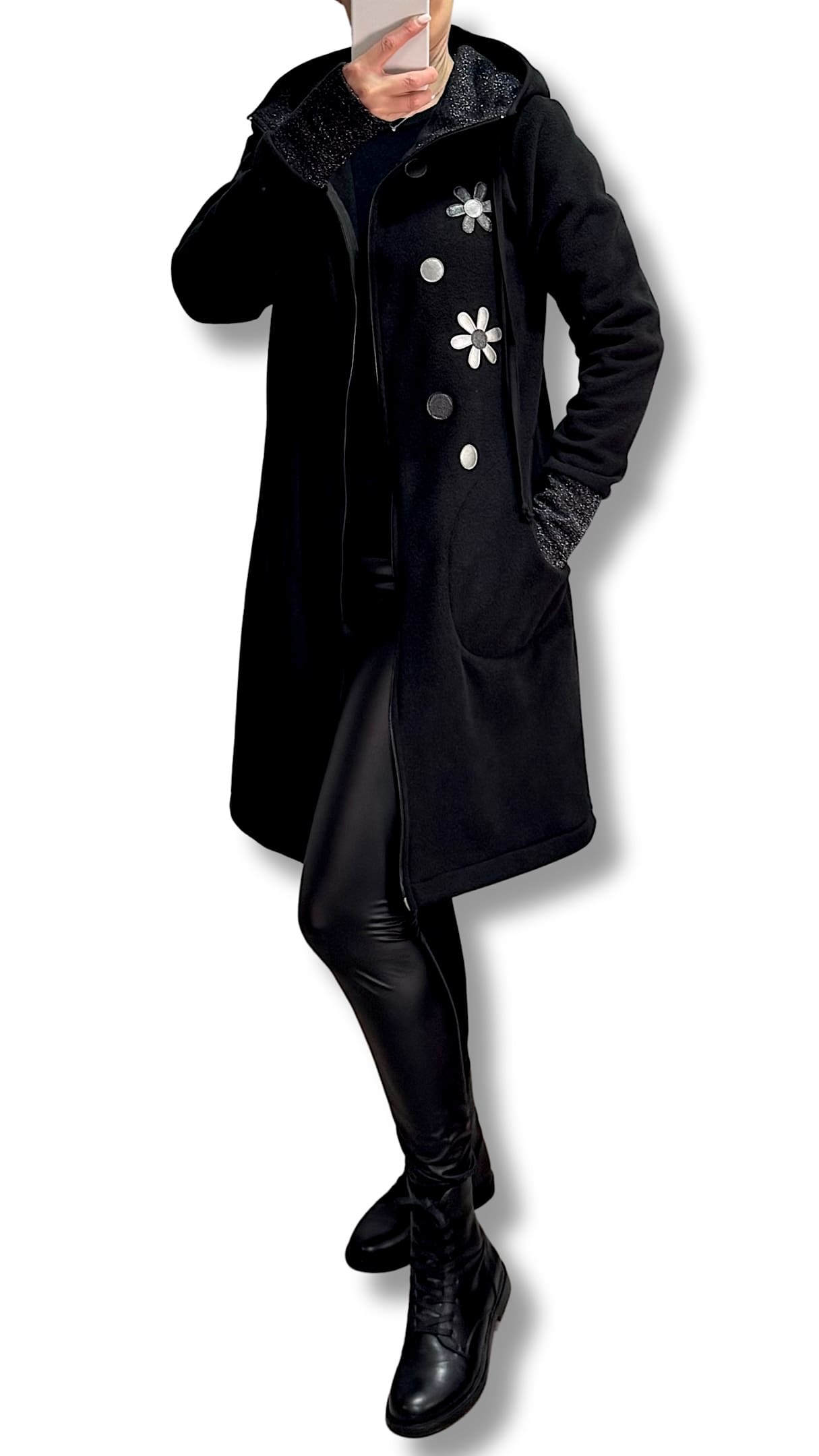 GlemStajl FLIS Hud.i PLAŠČEK - Srebrne MARJETKE / črn - slika 6