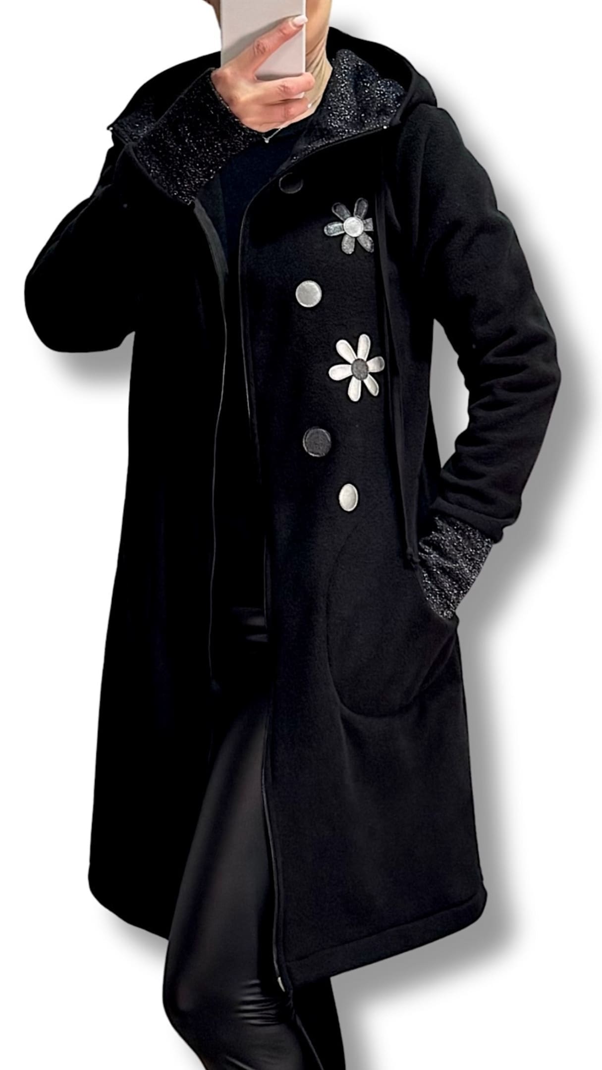 GlemStajl FLIS Hud.i PLAŠČEK - Srebrne MARJETKE / črn