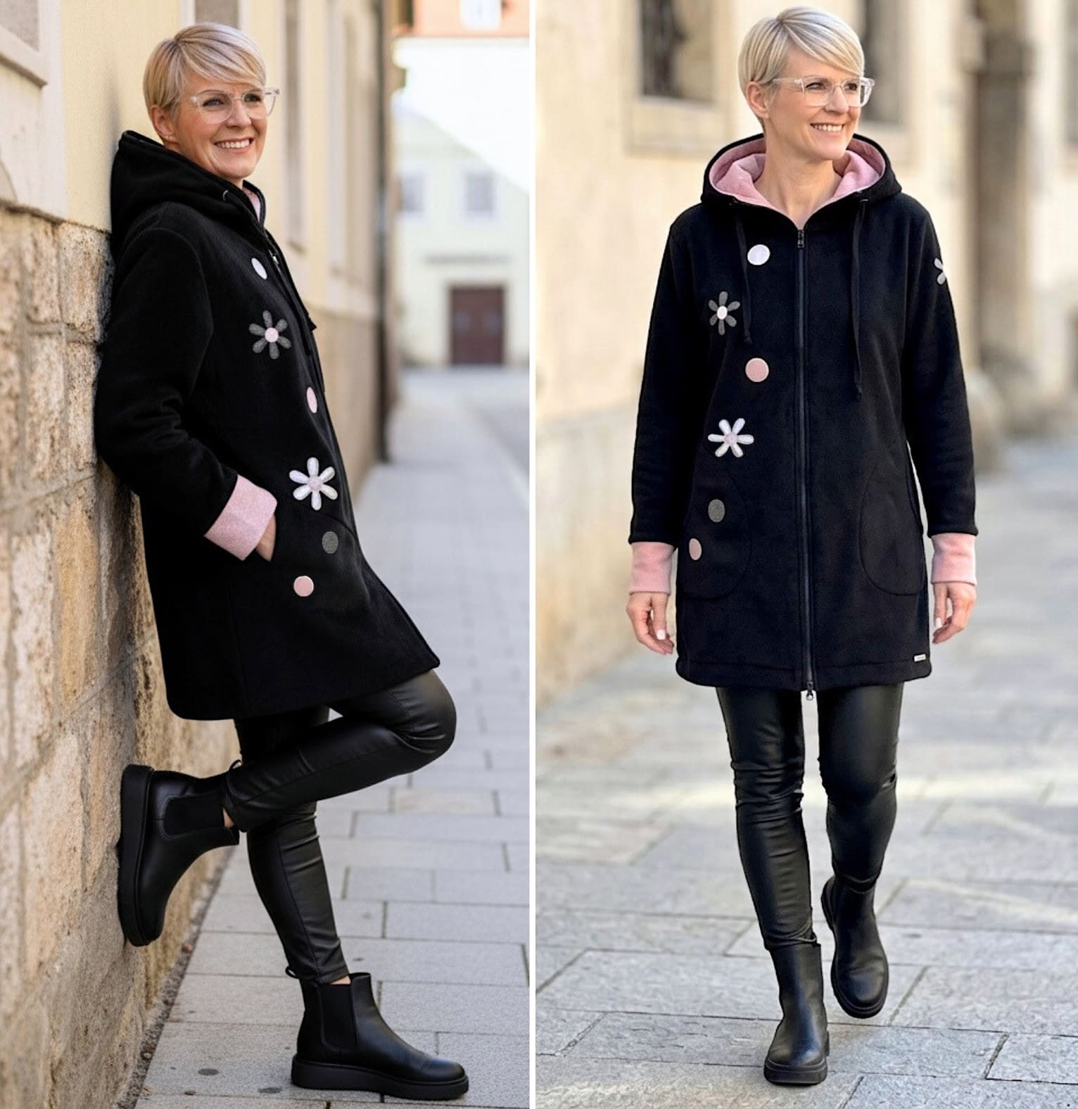 GlemStajl FLIS PLAŠČEK ❁ MARJETKE / ČRN - dusty rose - KRAJŠI